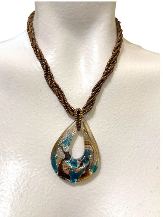 None Jewelry - Vintage Murano Glass Teardrop Pendant Necklace With Bronze Beaded Cord